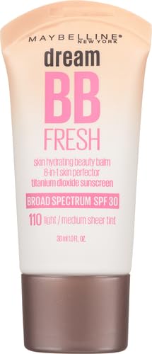 Maybelline Dream Fresh Skin Hydrating BB cream, 8-in-1 Skin Perfecting Beauty Balm with Broad Spectrum SPF 30, Sheer Tint Coverage, Oil-Free, Light/Medium, 1 Fl Oz-BrightBean Baby