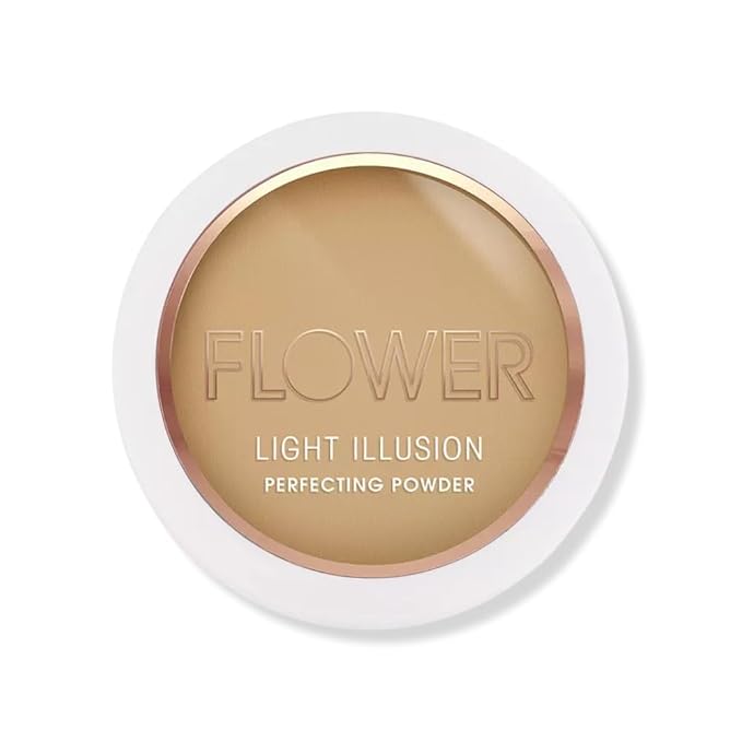 FLOWER Beauty By Drew Barrymore Light Illusion Perfecting Powder - Powder Foundation + Setting Powder for Makeup - Medium Buildable Coverage - Natural Glow + Flawless Finish - Mirror + Sponge Include d (Caramel)-BrightBean Baby