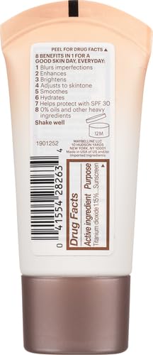 Maybelline Dream Fresh Skin Hydrating BB cream, 8-in-1 Skin Perfecting Beauty Balm with Broad Spectrum SPF 30, Sheer Tint Coverage, Oil-Free, Light/Medium, 1 Fl Oz-BrightBean Baby