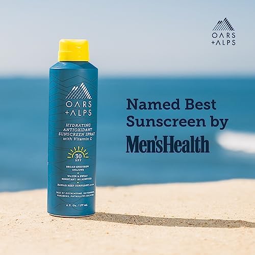 Oars + Alps Sunscreen Spray for Face & Body, SPF 30 Spray Sunscreen Infused with Vitamin C & Antioxidants, No White Residue, Water & Sweat Resistant, All Skin Types, Lightweight, Hydrating, 6oz, 1pk