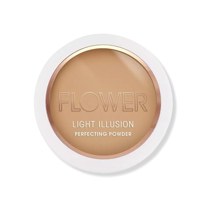 FLOWER Beauty By Drew Barrymore Light Illusion Perfecting Powder - Powder Foundation + Setting Powder for Makeup - Medium Buildable Coverage - Natural Glow + Flawless Finish - Mirror + Sponge Include d (Sable)-BrightBean Baby