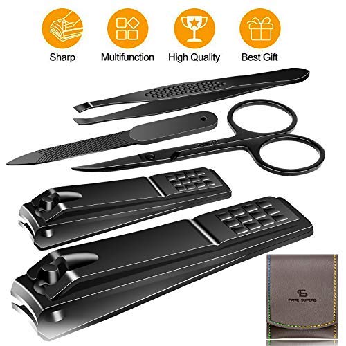Manicure Pedicure Kit Nail Clippers Set Fingernails & Toenails Vibrissac Scissor 5 Pieces Best Care Tools for Man & Women with Travel Case (Gray/Black_A) (Gray/Black_A)-BrightBean Baby