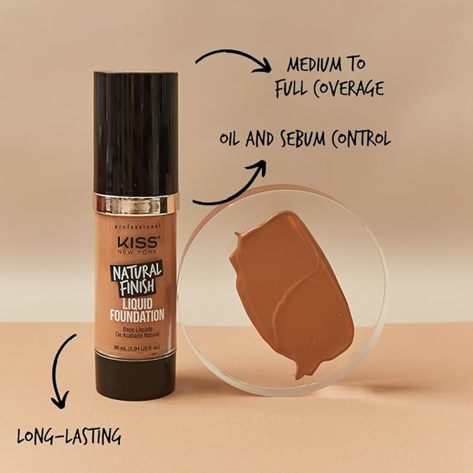 Kiss New York Professional Liquid Foundation - Lightweight and Hydrating Formula, Natural Finish, Control Shine, Cover Pores, Medium to Full Coverage, Green Tea Extract (Cappuccino)-BrightBean Baby