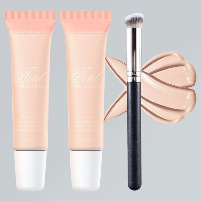 2 Pack Liquid Foundation Cream with Foundation Brush for Face Makeup,Durable Full Coverage Matte Concealer Make Up,Oil Control & Waterproof Base Primer -1 Fl.Oz (#02)-BrightBean Baby