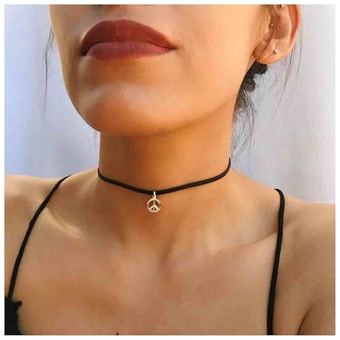 Boho Peace Choker Necklace Black Cord Circle Necklace Short Round Necklace Vegan Necklace Chain Jewelry for Women and Girls-BrightBean Baby