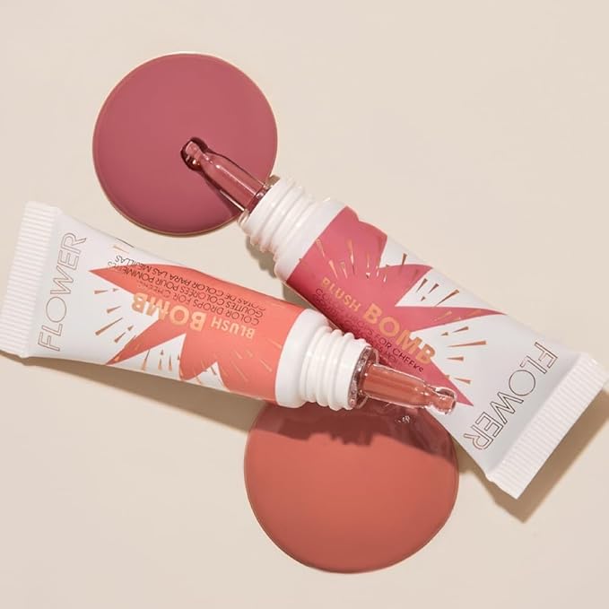 FLOWER Beauty By Drew Barrymore Liquid Blush Makeup Bomb Color Drops -Silky Lightweight Formula + Gel Cream Blush for Cheeks - Radiant + Glossy Finish - Buildable + Lightweight Formula - Cruelty-Free + Vegan (Pinched)-BrightBean Baby