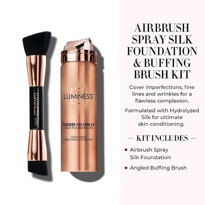 LUMINESS Silk Airbrush Spray Foundation 2-PC Kit - Foundation & Dual-Sided Angled Makeup Brush - Buildable Coverage, Anti-Aging Formula, Humidity Resistant, Hydrates & Moisturizes, Light Medium-BrightBean Baby