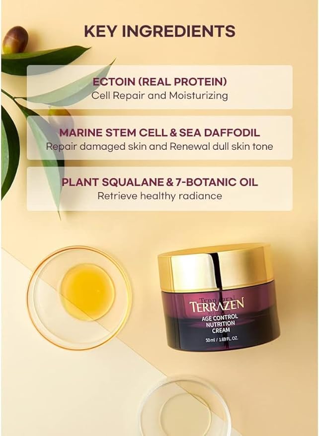 Terrzen Korean Face Cream Age Control Nutrition, 1.69 fl.oz. (50ml), Reduce Wrinkle, Hyaluronic Acid + Plant Stem Cell + Real Protein + Plant Squalane-BrightBean Baby