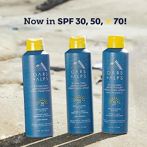 Oars + Alps Sunscreen Spray for Face & Body, SPF 30 Spray Sunscreen Infused with Vitamin C & Antioxidants, No White Residue, Water & Sweat Resistant, All Skin Types, Lightweight, Hydrating, 6oz, 1pk