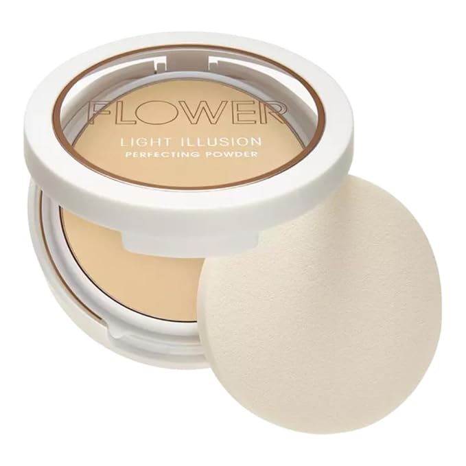 FLOWER Beauty By Drew Barrymore Light Illusion Perfecting Powder - Powder Foundation + Setting Powder for Makeup - Medium Buildable Coverage - Natural Glow + Flawless Finish - Mirror + Sponge Include d (Sable)-BrightBean Baby