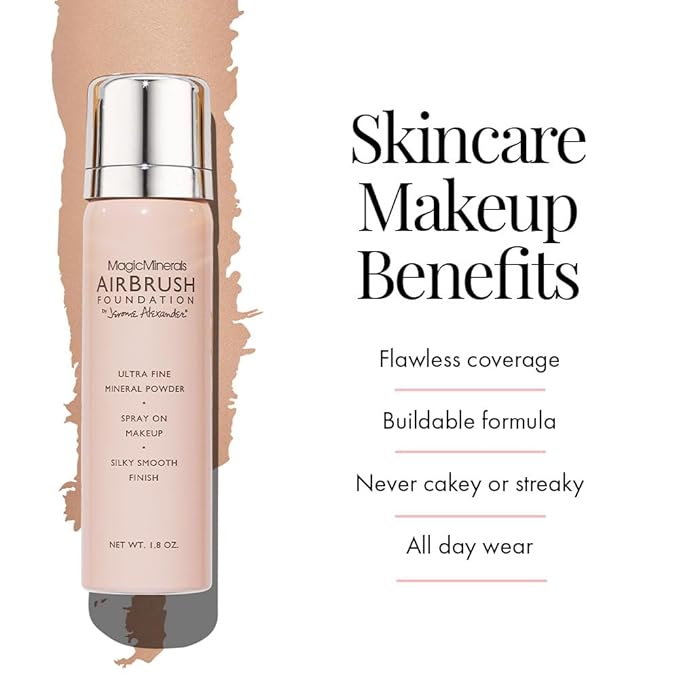 Jerome Alexander MagicMinerals AirBrush Foundation, Spray Makeup with Skincare Active Ingredients, Ultra-Light, Buildable, Full Coverage Formula (Light Medium)-BrightBean Baby