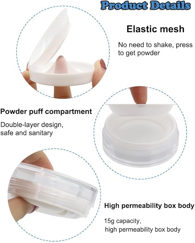 AKOAK Capacity 15ml(0.5 oz) No Leaks Empty Reusable Plastic Loose Powder Compact Container DIY Makeup Powder Case with Sponge Powder Puff, Elasticated Net Sifter and Threaded Screw Lid (White)-BrightBean Baby
