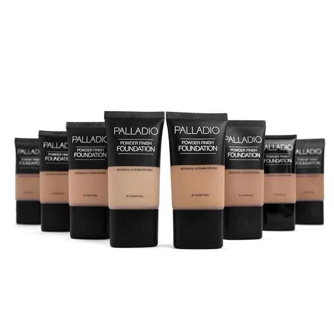 Palladio Powder Finish Liquid Foundation, Natural Matte Appearance, Reduces Fine Lines, Covers Large Pores, Hides Imperfections, All Day Wear, Sheer to Medium Coverage, Caramel-BrightBean Baby