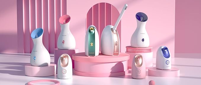 Newbealer Facial Steamer, Mini Aroma Face Steamer, Nano Ionic Hot Mist Facial Humidifier Atomizer, Home Sauna Spa Sprayer Moisturizing Cleansing Pores, 9 Pieces Acne Remover Kit (Pink-Gold, 160ml)-BrightBean Baby