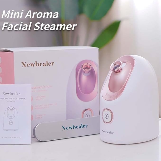 Newbealer Facial Steamer, Mini Aroma Face Steamer, Nano Ionic Hot Mist Face Humidifier for Facial Deep Cleaning, Home Sauna Spa Sprayer with 9 Pieces Acne Remover Kit (White-Gold, 160 ML)-BrightBean Baby