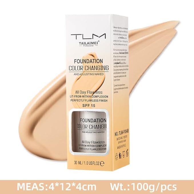 TLM Foundation Color Changing,TLM Colour Changing Liquid Foundation Hides Wrinkles & Lines,BB Cream Makeup Base Concealer Cover Moisturizing Fluid for all Skin Tone SPF15(30ML)-BrightBean Baby