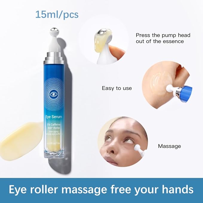 5% Caffeine Eye Serum with 360° Massage Rollerball Topper,Caffeine Eye Cream for Dark Circles,Wrinkles,Puffiness and Fine Lines,Under Eye Roller Cream Eye Bags Treatment for Women and Men-BrightBean Baby