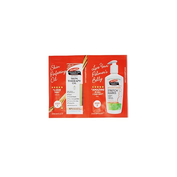 Palmer's Cocoa Butter Formula Skin Therapy Oil and Massage Lotion for Stretch Marks, Travel Pack, 0.68 FL OZ, Intensive Hydration, Skin Elasticity, Pregnancy Safe, Paraben-Free, 20 CT, W/Travel Pouch-BrightBean Baby