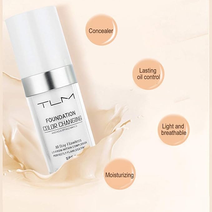 TLM Colour Changing Foundation - Flawless Coverage, Lightweight Formula, Adapts to Skin Tone, Hides Wrinkles & Lines, Hydrating & Long-Lasting, BB Cream Makeup Base Concealer Cover-BrightBean Baby