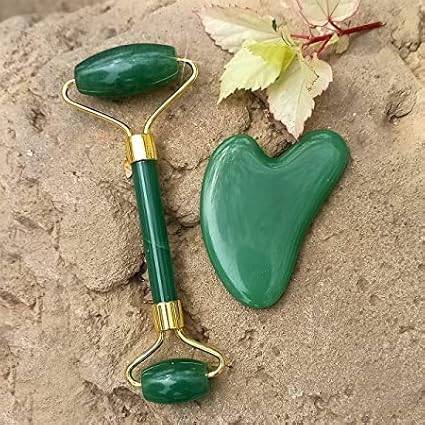 Green Jade Roller & Gua Sha Set, Face Roller Manual Massager,Green Jade Applicator for Face, Neck,Body Muscle,Relaxing, Stimulating Blood Flow, Relieve Fine Lines, Wrinkles,Green-BrightBean Baby