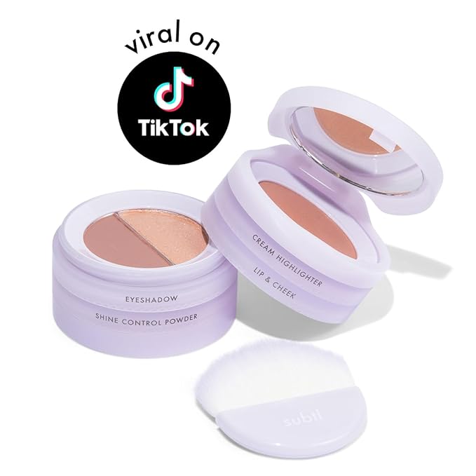 Subtl Beauty 4-in-1 travel makeup kit by subtl staks | eyeshadow duo, shine control powder, cream highlighter, lip and cheek | includes mirror lid and mini brush | stackable makeup designed for travel-BrightBean Baby