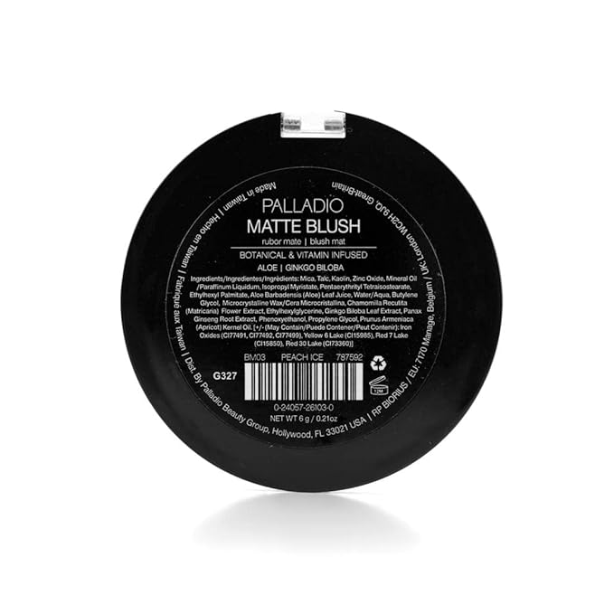 Palladio Matte Blush, Brushes onto Cheeks Smoothly, Soft Matte Look and Even Finish, Flawless Velvety Coverage, Effortless Blending Makeup, Flatters the Face, Convenient Compact, Peach Ice-BrightBean Baby