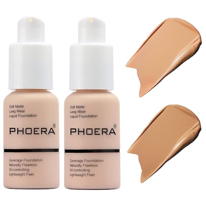 2 Pack PHOERA Foundation,Matte Oil Control Concealer Foundation Cream,PHOERA Long Lasting Waterproof Matte Liquid Foundation for Women Girls (104 Buff Beige+105 Sand)-BrightBean Baby