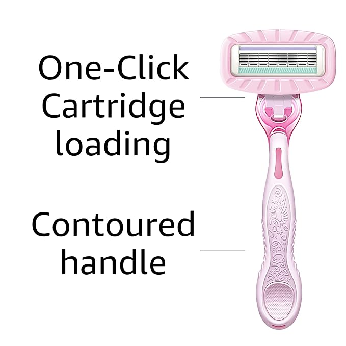 Amazon Basics Women's 4 Blade Razor for Women, Fits AmazonBasics & Venus Handles, Moisturizing Surround, 4 Count, Includes 1 Handle, 2 Cartridges & 1 Shower Hanger, Pink (Pack of 2)