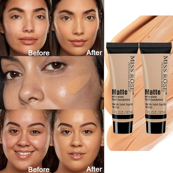 2 Pack Liquid Foundation Cream for Face Makeup,Durable Full Coverage Matte Concealer Make Up,Oil Control & Waterproof Base Primer -1+1 Fl.Oz (BEIGE 7#)-BrightBean Baby