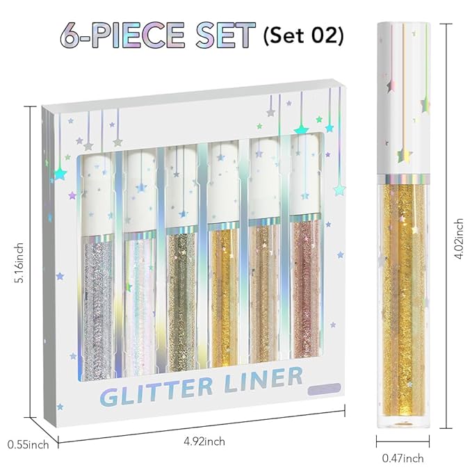 6Pcs Shimmer Metallic Eyeshadow Eyeliner Set - Glitter Sparkle, Long Lasting, Quick Drying, Waterproof & Smudge Proof, High Pigment Liquid Eyeshadow for Parties, Cosplay, Weddings (Set 2#)-BrightBean Baby