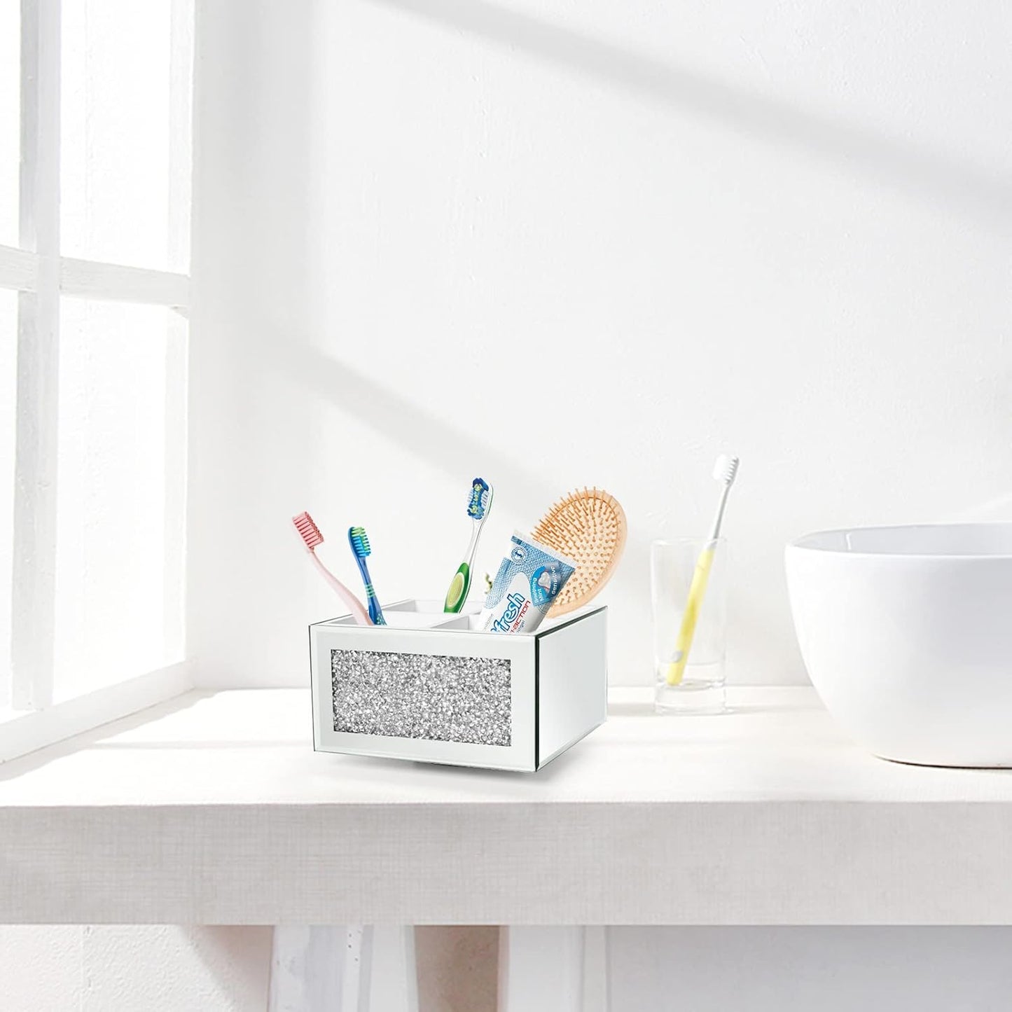 SWTHONY 360 Rotating Makeup Brush Holder Organizer, Silver Bling 4 Slot Crushed Diamond Glass Mirrored Cosmetic Brushes Storage, Eyeliners Eyebrow Pencil Display Case-BrightBean Baby