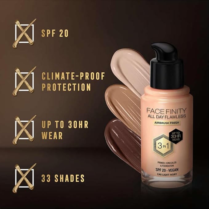 Max Factor Facefinity All Day Flawless 3 In 1 Foundation SPF 20, No. 40 Light Ivory-BrightBean Baby