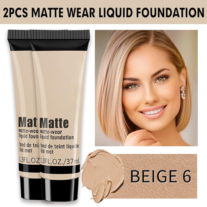 2 Pack Liquid Foundation Cream for Face Makeup,Durable Full Coverage Matte Concealer Make Up,Oil Control & Waterproof Base Primer -1+1 Fl.Oz-BEIGE 6#-BrightBean Baby