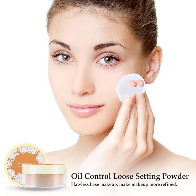 Boobeen Loose Face Powder Translucent Setting Powder Oil Control Loose Powder, Soft Focus Effect Makeup Loose Setting Powder, Lightweight Shine Control Matte Finishing, with Puff-BrightBean Baby