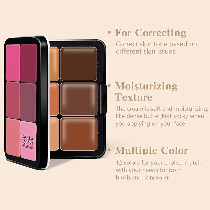 Cream Blush & Concealer Palette, 12 Colors, Long Wearing, Smudge Proof, Blendable Matte Finish, Face Makeup (02)-BrightBean Baby