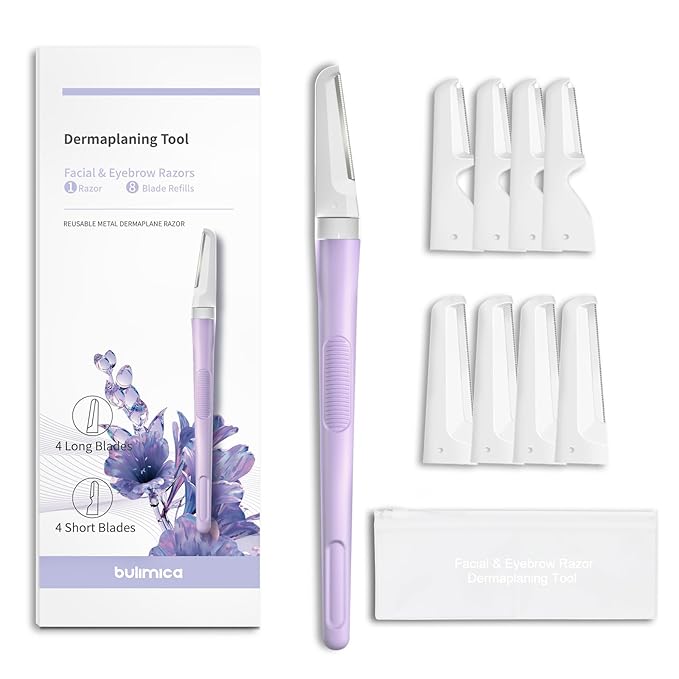 Face Razors for Women, Dermaplane Razor for Women Face, Eyebrow Razor, Facial Razors, Dermaplaning Tool, Reusable Metal Handle with 8 Microblades for Sensitive Skin, Peach Fuzz Remover, Purple