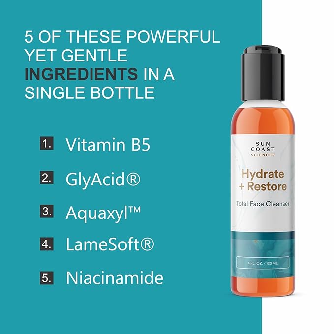 SUN COAST SCIENCES - Hydrate + Restore Total Face Cleanser, Vitamina B, Hydrating Facial Cleanser With Niacinamide for All Skin Types - 4 fl oz-BrightBean Baby