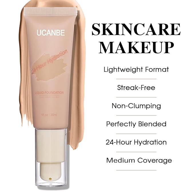 UCANBE Matte Liquid Foundation Makeup, Medium to Full Coverage Waterproof Longwear Serum Cream Foundation for Combination & Oily Mature Skin, Lightweight Hydrating & Nourishing, True Beige, 1 fl. oz.-BrightBean Baby