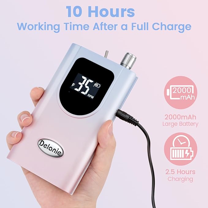Delanie Professional Nail Drill High Torque 35000 RPM Rechargeable Portable Electric Nail File Filer for Acrylic Gel with Cuticle Bits, Salon Manicure Tool, Gradient Pink-BrightBean Baby