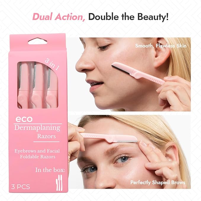 Dermaplaning Tool - Foldable Facial Razor for Women and Men, (3ct) | Womens Facial Peach Fuzz Remover & Eyebrow Trimmer, Dermaplaning Razor, Face Razors for Women, 3 pc (Pink)