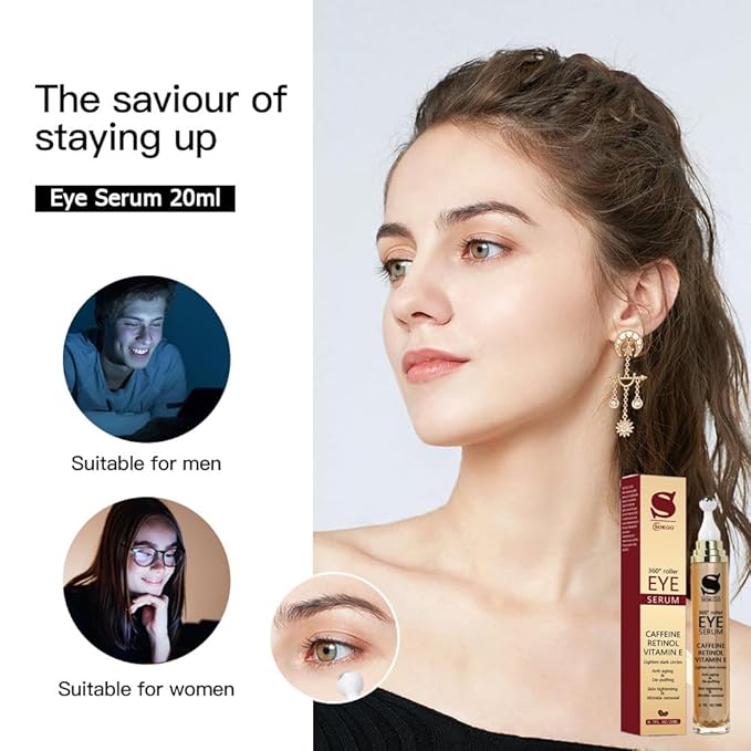 Caffeine Eye Serum Anti Aging, Retinol Eye Serum with 360° Massage Ball for Dark Circles and Puffiness, Deeply Moisturizing, Firms and Lifts Eye Skin, Enhance Skin Elasticity, Smooth Fine Lines-BrightBean Baby