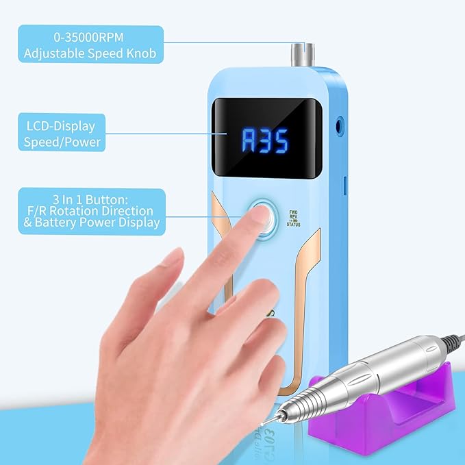 Portable Nail Drill Professional, 35000 RPM Rechargeable Electric Nail File Machine E File for Acrylic Nails Gel Polishing Removing, Cordless E-file with Bits Kit for Manicure Salon Home,Blue-BrightBean Baby