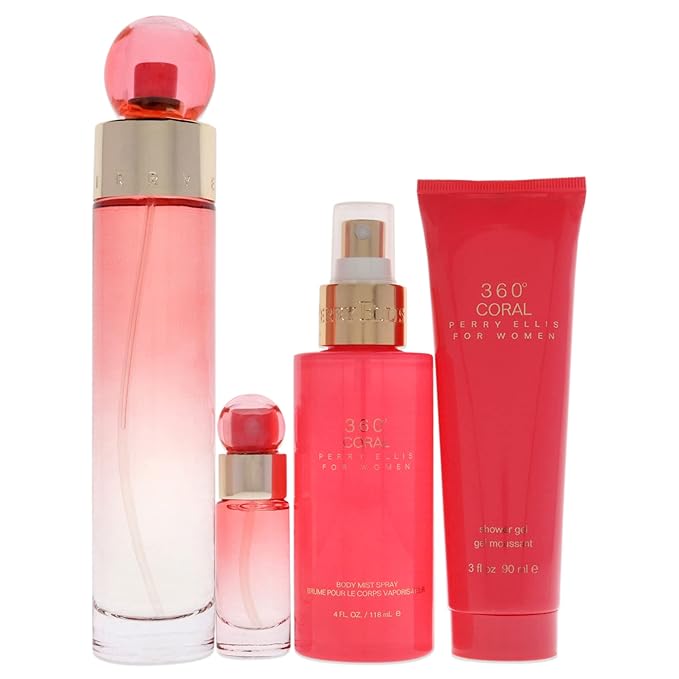 Perry Ellis 360 Coral 3.4oz EDP Spray, 4oz Body Mist, 3oz Shower Gel, 0.25oz EDP Spray Women 4 Pc Gift Set-BrightBean Baby