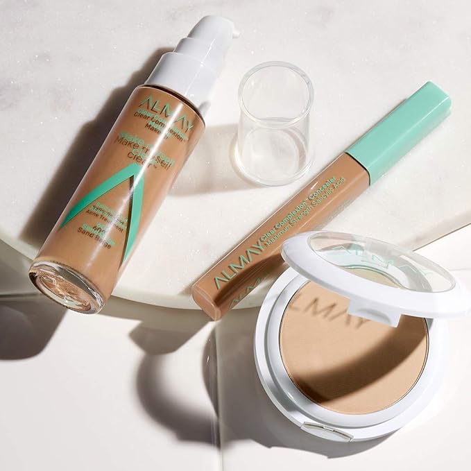 Almay Clear Complexion Makeup, Matte Finish Liquid Foundation with Salicylic Acid, Hypoallergenic, Cruelty Free, -Fragrance Free, Dermatologist Tested, 710 Natural Tan, 1.0 oz-BrightBean Baby