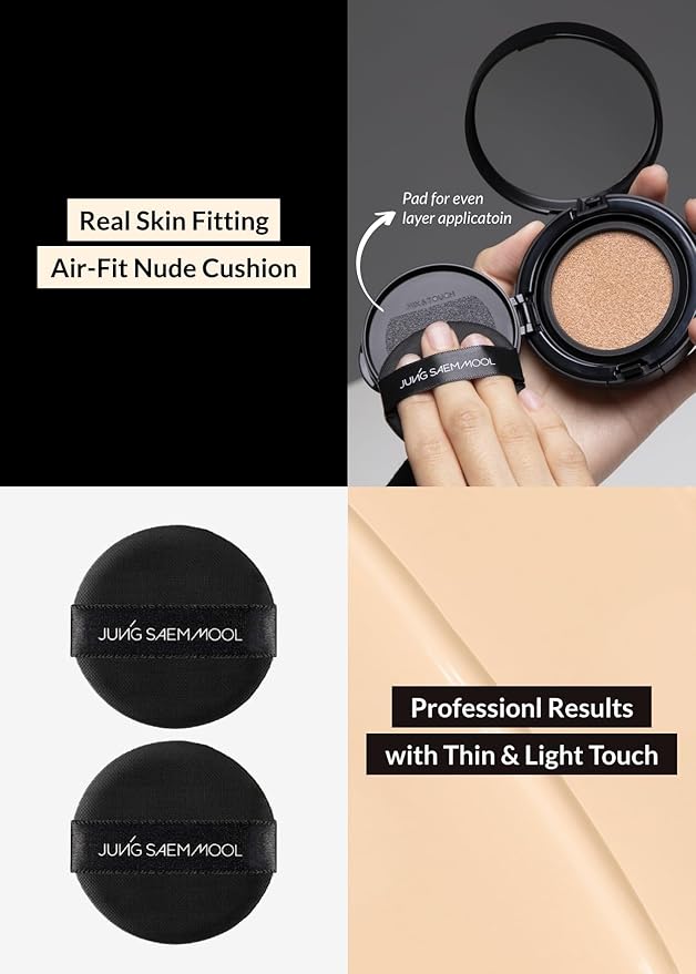 JUNG SAEM MOOL Essential Skin Nuder Longwear Cushion 0.98 Fl Oz (Medium), Refill Included, 24H Lasting Cushion Foundation with High Coverage, Semi-Matte Natural Finish, Korean Foundation Makeup-BrightBean Baby