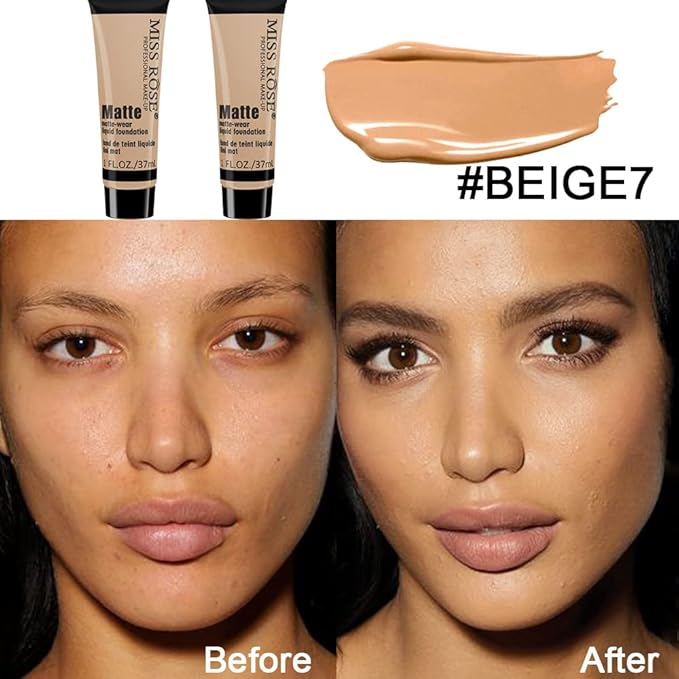 2 Pack Liquid Foundation Cream for Face Makeup,Durable Full Coverage Matte Concealer Make Up,Oil Control & Waterproof Base Primer -1+1 Fl.Oz (BEIGE 7#)-BrightBean Baby