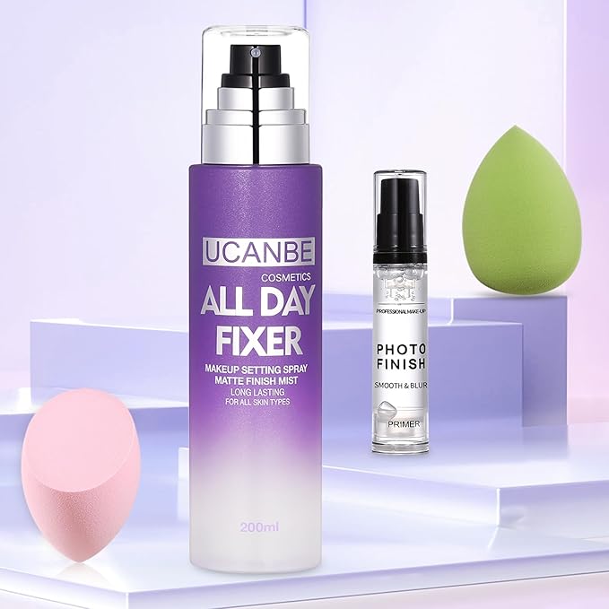 UCANBE Makeup Setting Spray + Face Primer + Make Up Sponge, Gel-Based Hydrating Primer, Lightweight, Long Lasting Matte Finishing Spray,Beauty Blender Set-BrightBean Baby