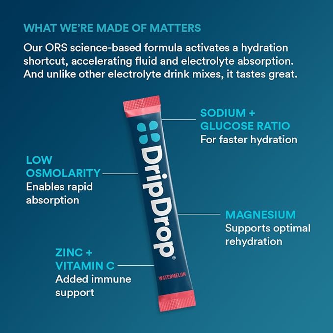 DripDrop Hydration Packets - Bold Variety Pack - Single Serve Electrolytes Powder Drink Mix - Watermelon, Berry, Lemon, Orange - Non-GMO, Gluten Free, Vegan - 16 Sticks