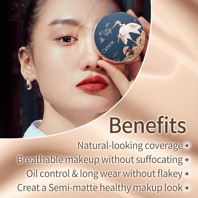 Catkin Phoenix Cushion Foundation Buildable Coverage Anti-Aging Serum Makeup, Sheer Satin Finish, Refill Included, Light Beige 0.46 Oz x 2, C01 NATURAL-BrightBean Baby
