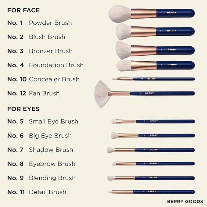 BERRY Blue Premium Makeup Brush Set – 12-Piece Professional Ultra-Soft Synthetic Brushes for Face & Eyes | Foundation, Powder, Blush, Concealer, Eyeshadow – Vegan, Cruelty-Free, Numbered, Travel Case-BrightBean Baby